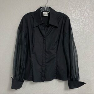 Finley Shirt Top Womens L Bella Donna Silk Sheer Sleeves Button Up Black